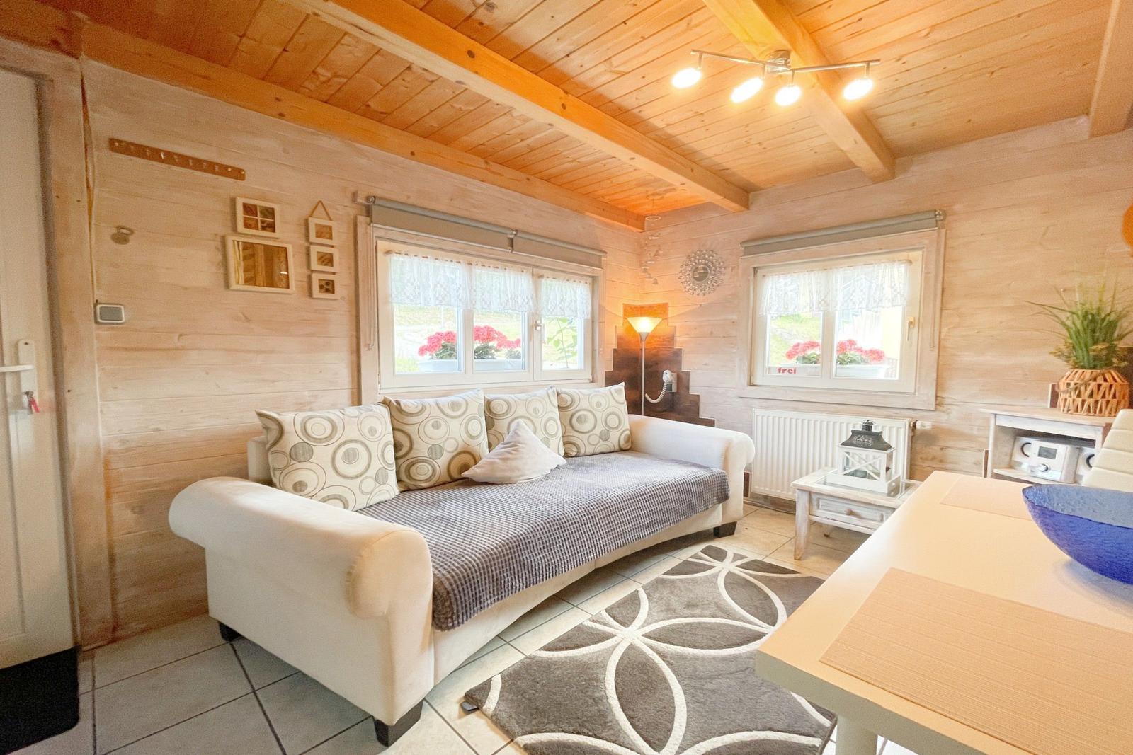 Wohnraum mit Sofa, Fenstern und Holzwänden
