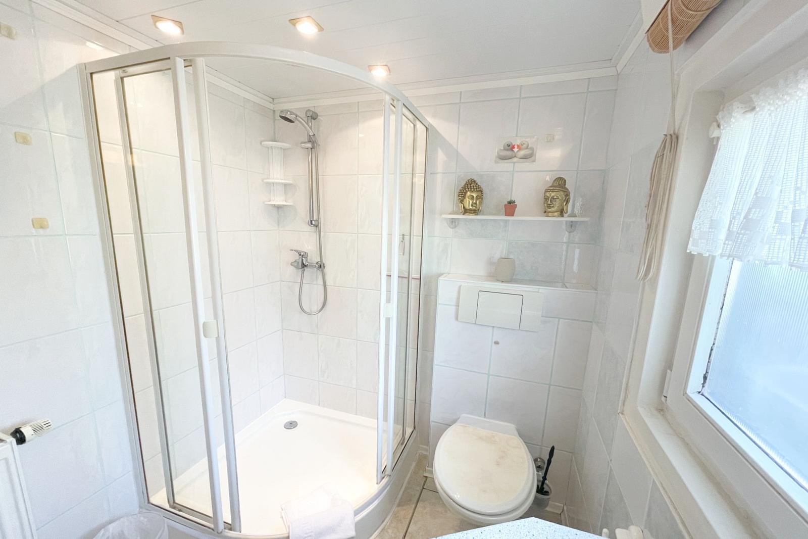 Duschbad mit Dusche, Toilette und Fenster