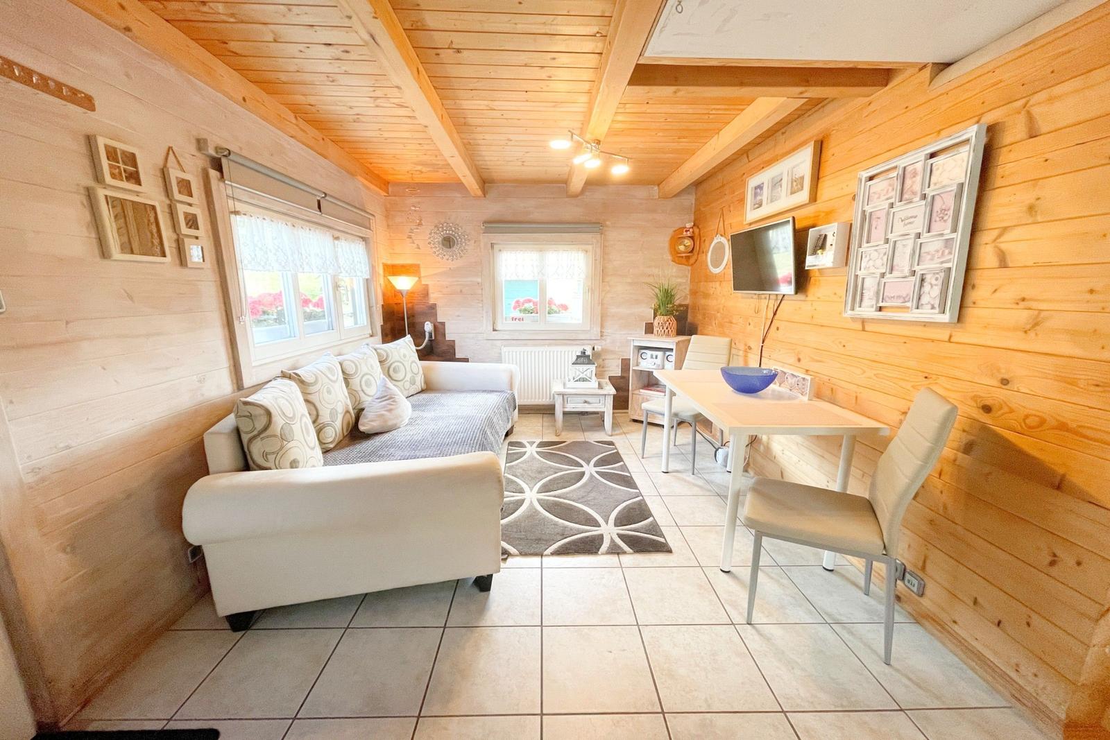 Wohn- und Essbereich mit Sofa, Tisch und TV an Holzwänden.