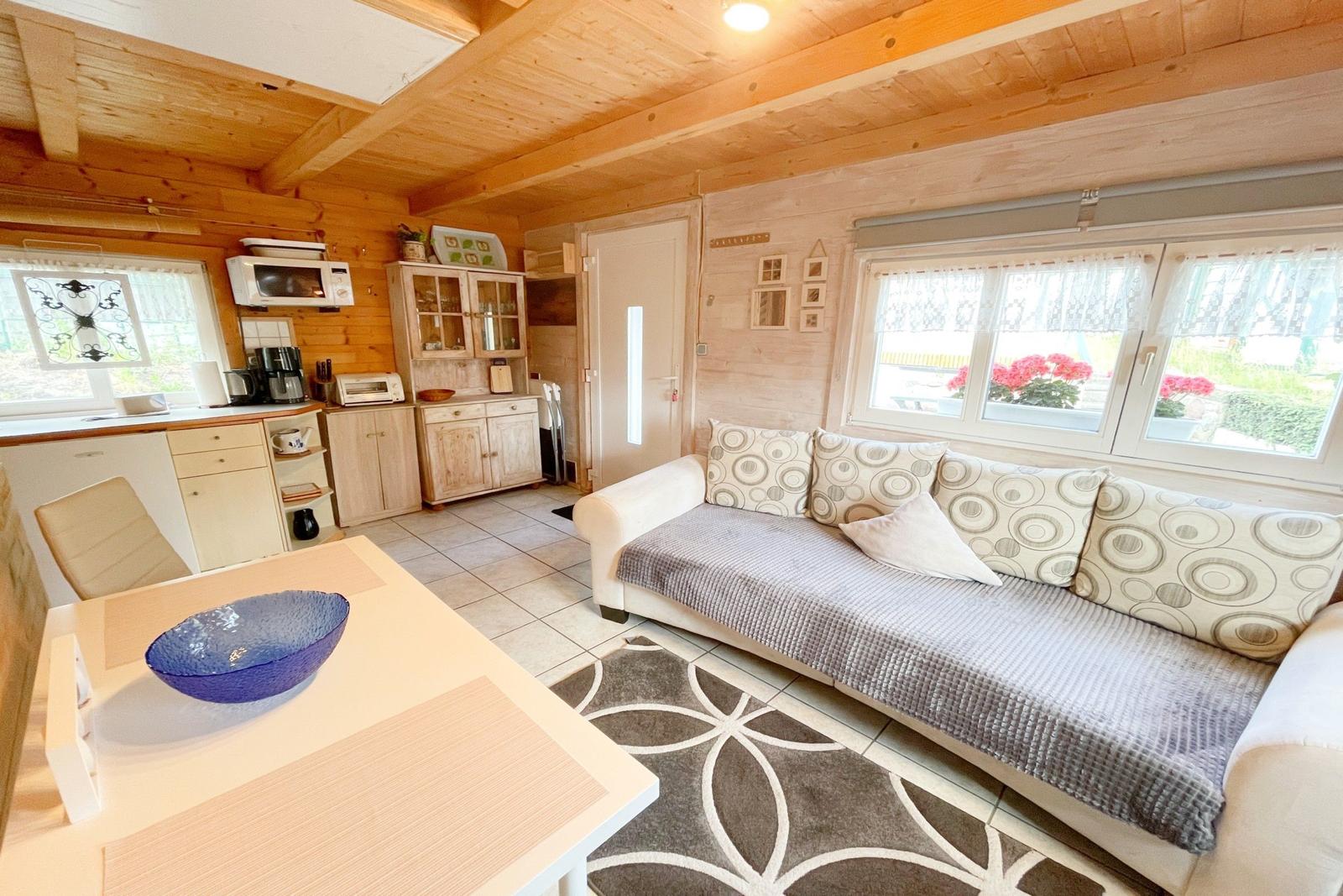 Wohn- und Küchenbereich mit Sofa, Tisch und Holzdecke.