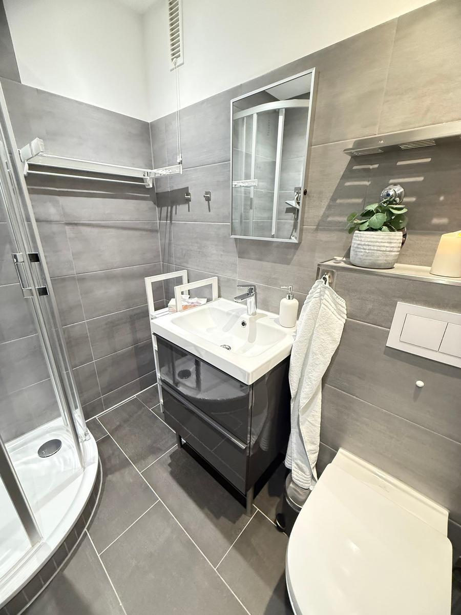 Bad mit Dusche, Waschbecken und Toilette. Graue Fliesen und Spiegelschrank.