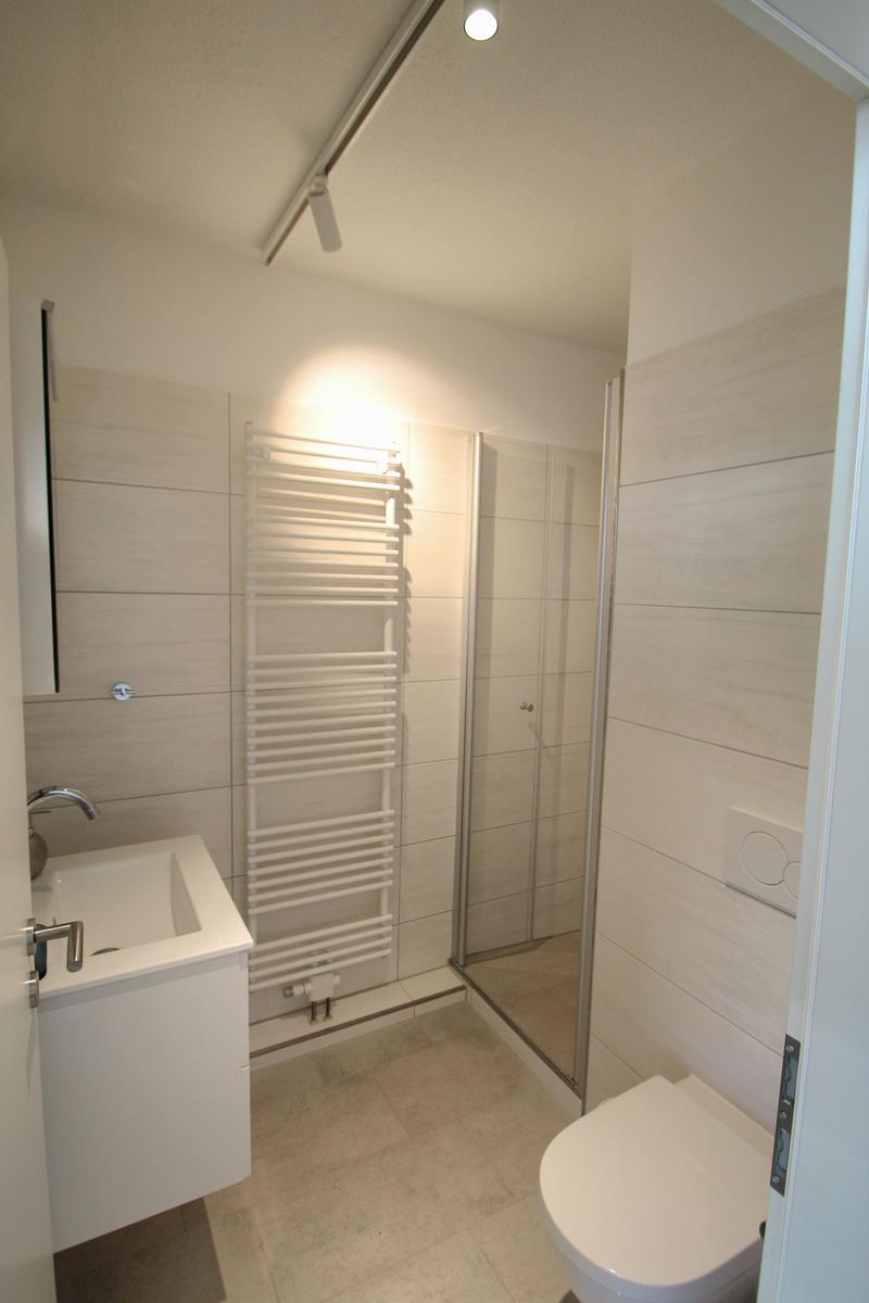 Badezimmer mit Dusche, Toilette und Waschbecken.