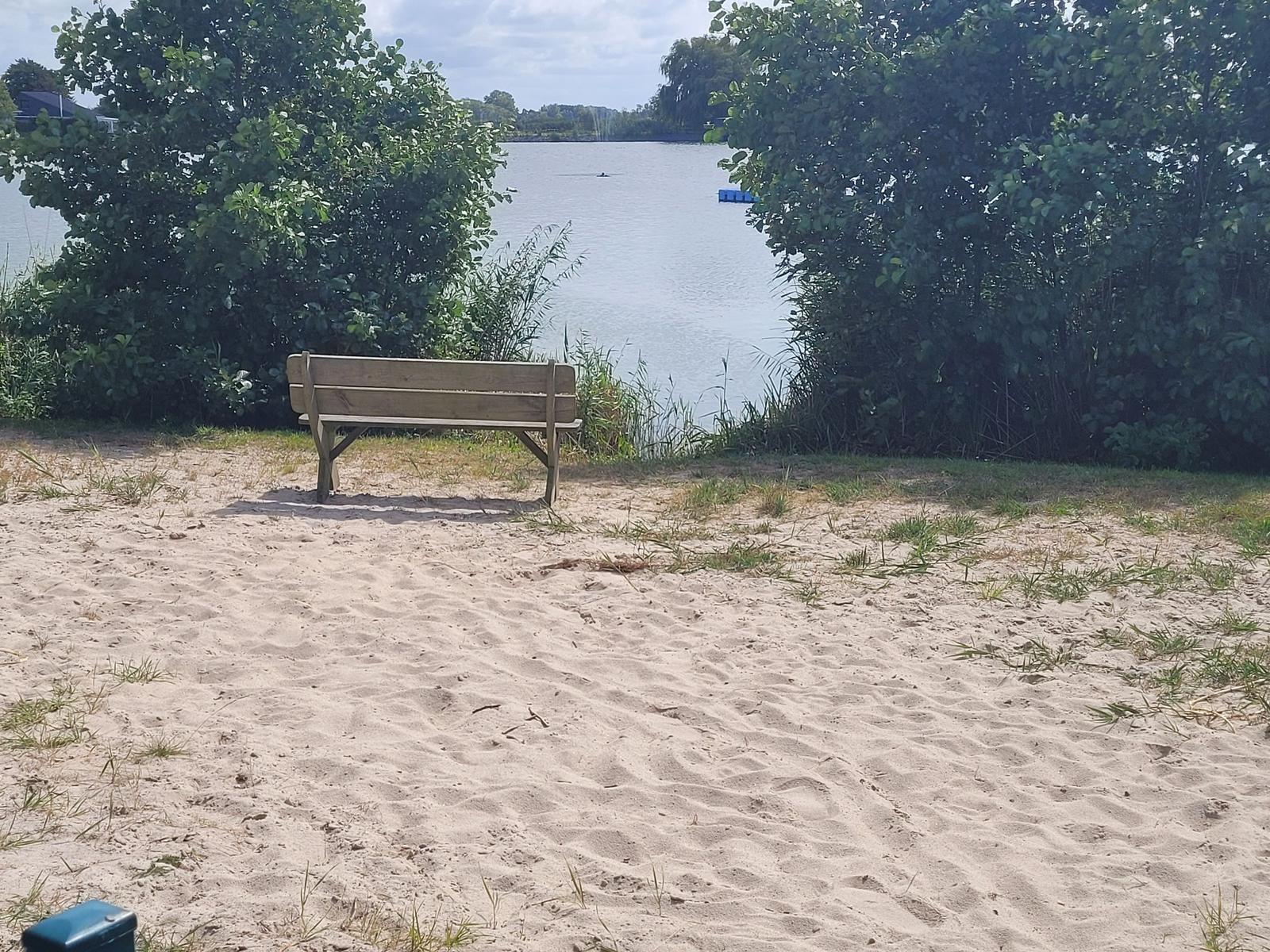 Holzbank am Strand mit Blick auf ruhiges Wasser und grüne Bäume.