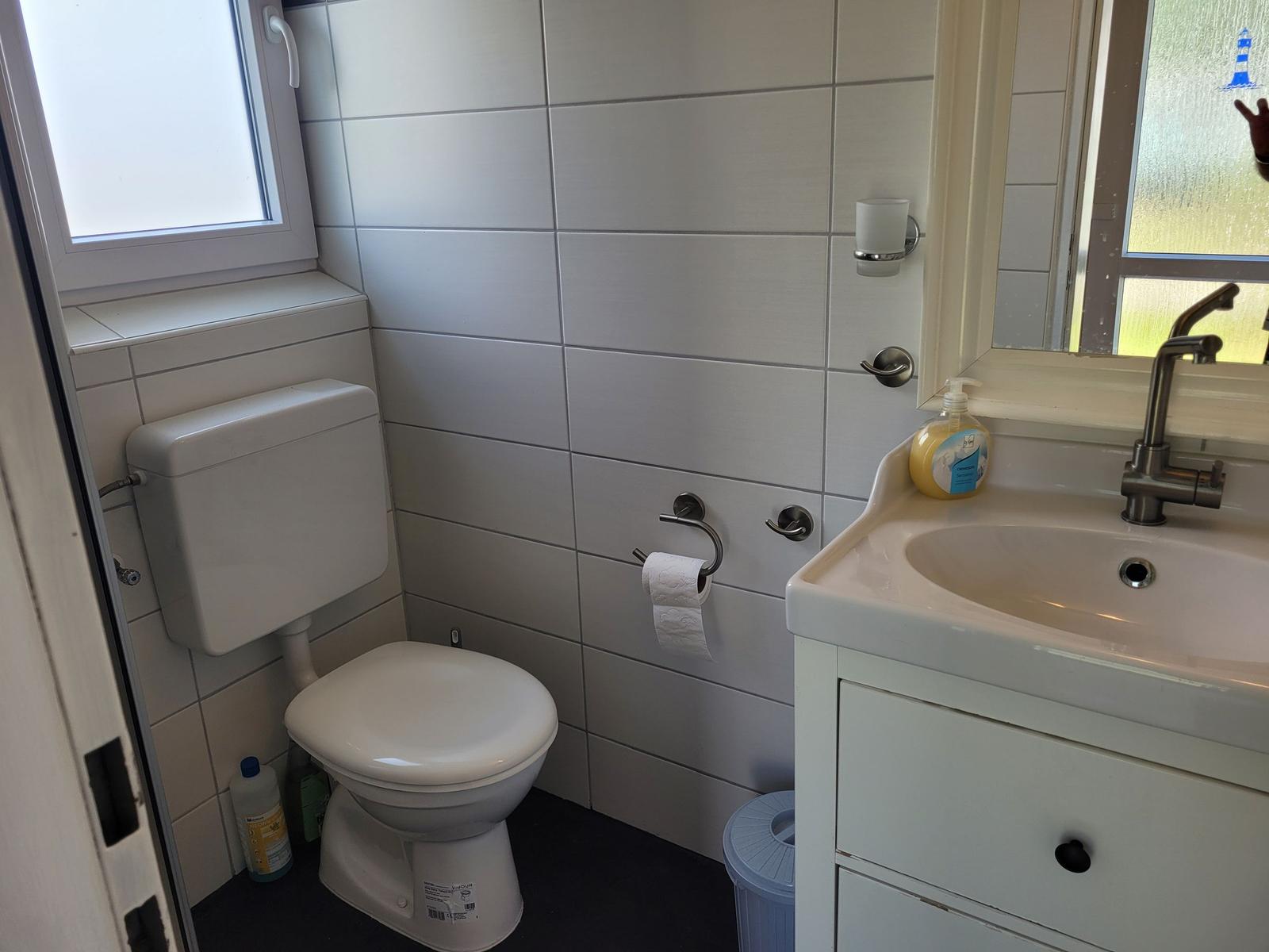 Badezimmer mit Toilette, Waschbecken und Spiegel. Fenster und Wandfliesen sichtbar.