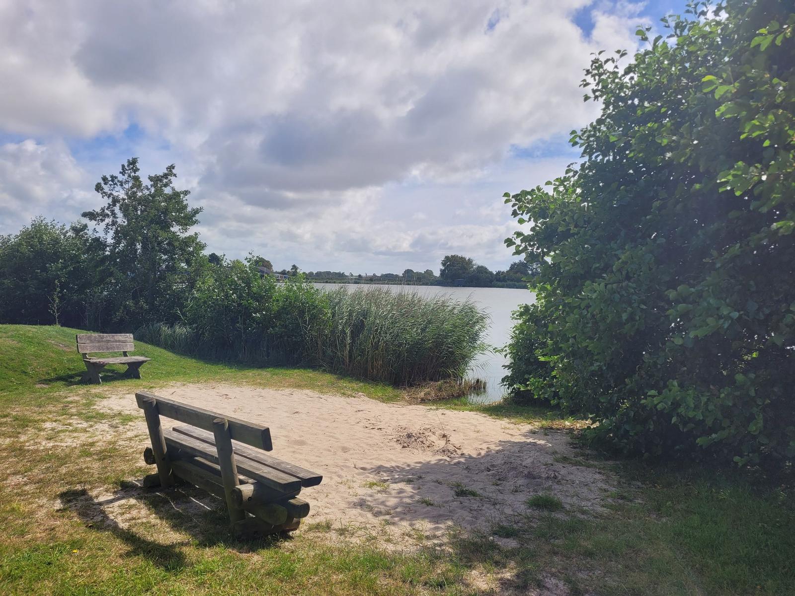 Zwei Holzbanken an einem Seeufer mit Gras und Bäumen.