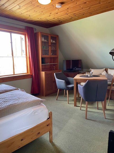 Zimmer mit Bett, Esstisch, TV und Holzmöbel. Fenster mit roten Vorhängen.