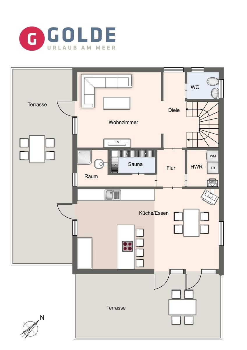 Wohnung mit Sauna, Küche, Terrasse und Bad. Flur und Wohnzimmer sichtbar.