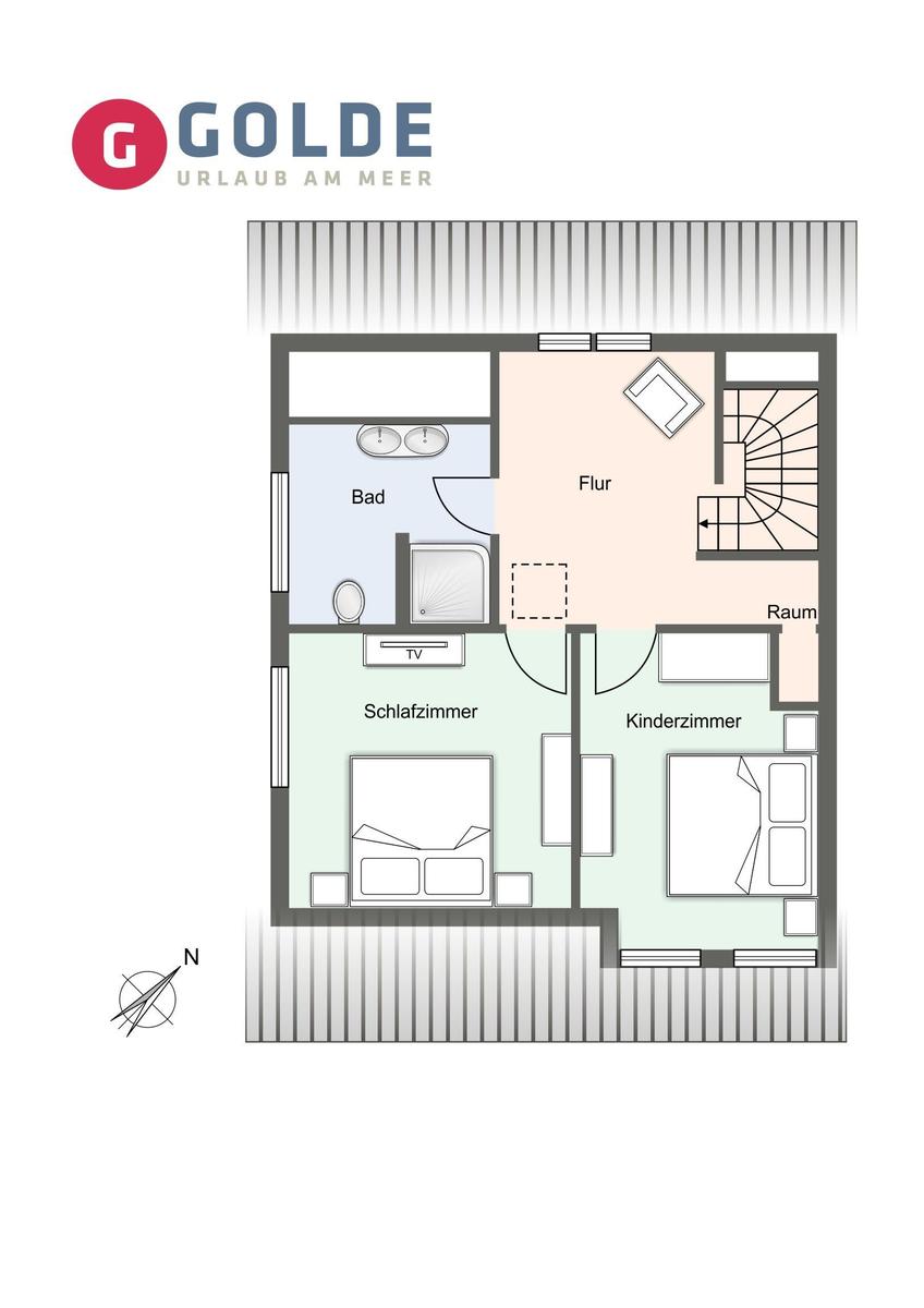 Golde Urlaub am Meer: Grundriss mit Schlafzimmer, Kinderzimmer, Bad und Flur.