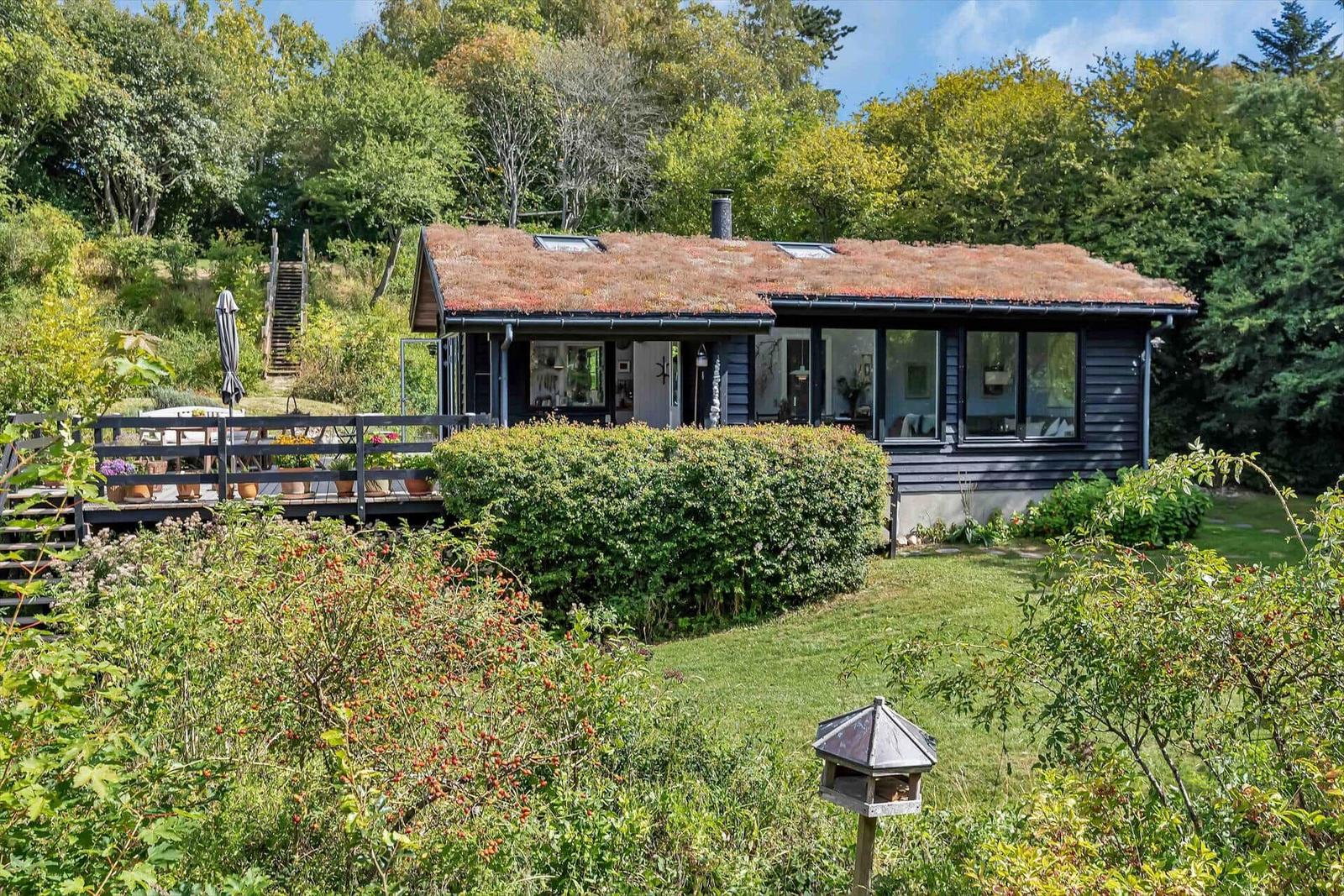 Ein Haus mit Grasdach, Terrasse und Garten. Umgeben von Bäumen und Sträuchern.