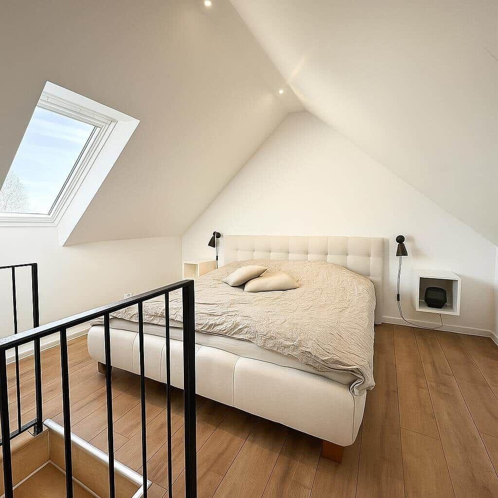 Schlafzimmer mit Dachschrägen, Dachfenster und Bett mit Kissen.