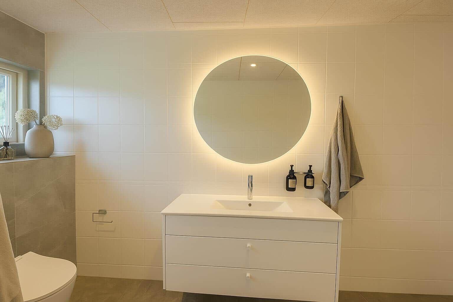 Badezimmer mit runden Spiegel, Waschtisch und Toilette