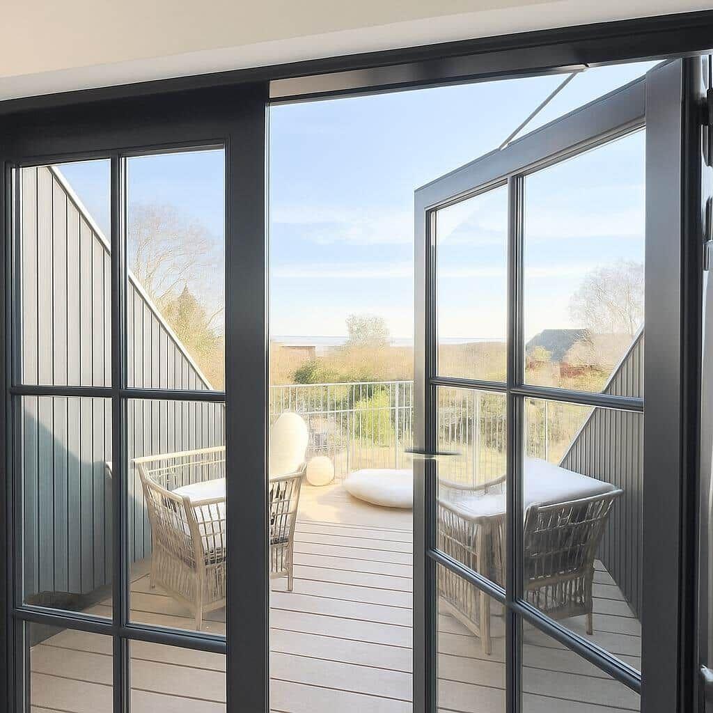 Terrasse mit Sitzgelegenheiten und Blick auf die Landschaft.