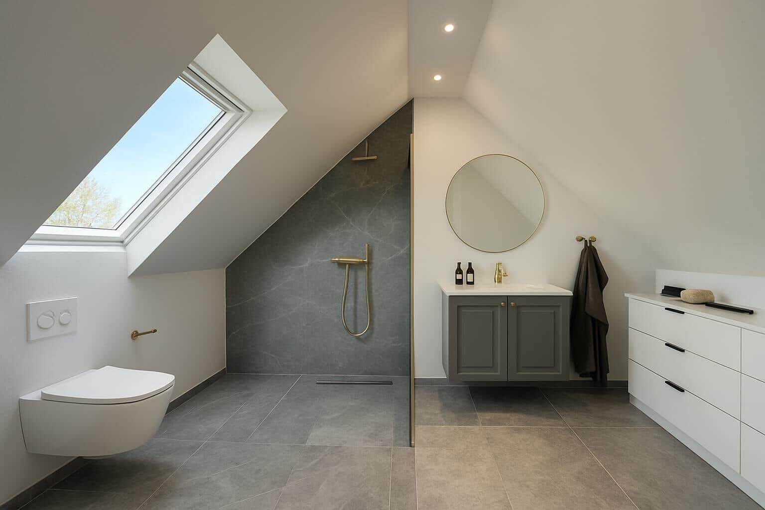 Dusche mit Dachfenster, Waschbecken und Toilette in modernem Badezimmer