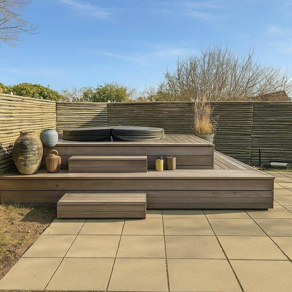 Terrasse mit Whirlpool, Holzstufen und Dekorationsgegenständen