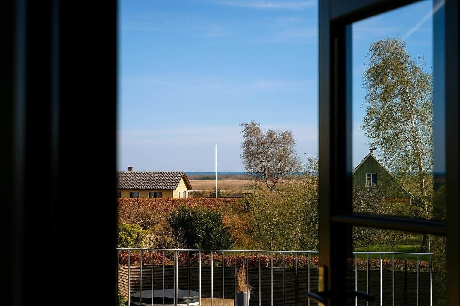 Blick von Balkon auf Felder und Häuser unter blauem Himmel