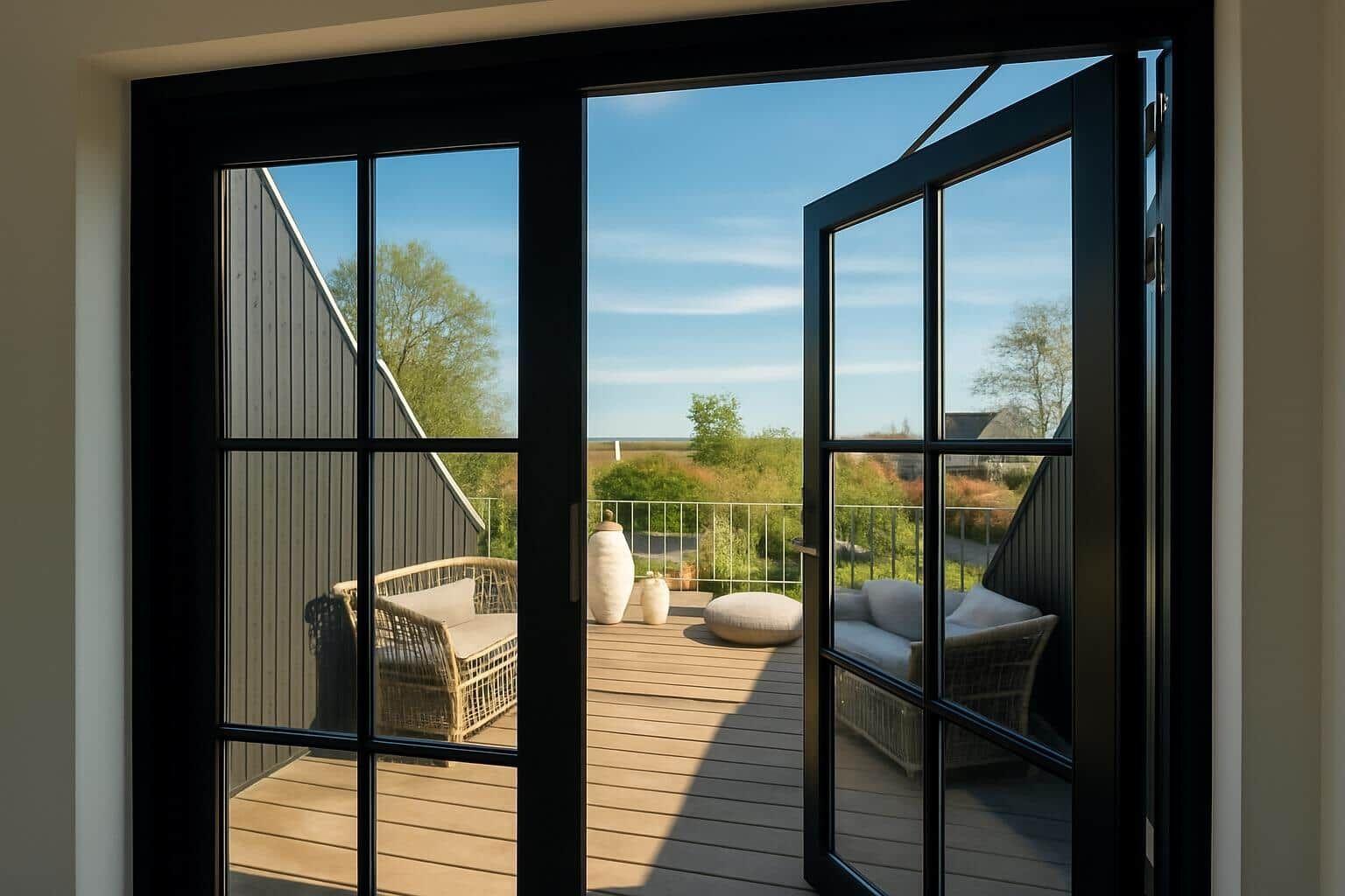 Durch schwarze Glastüren öffnet sich der Blick auf eine Terrasse mit Sitzgelegenheiten und Landschaft.
