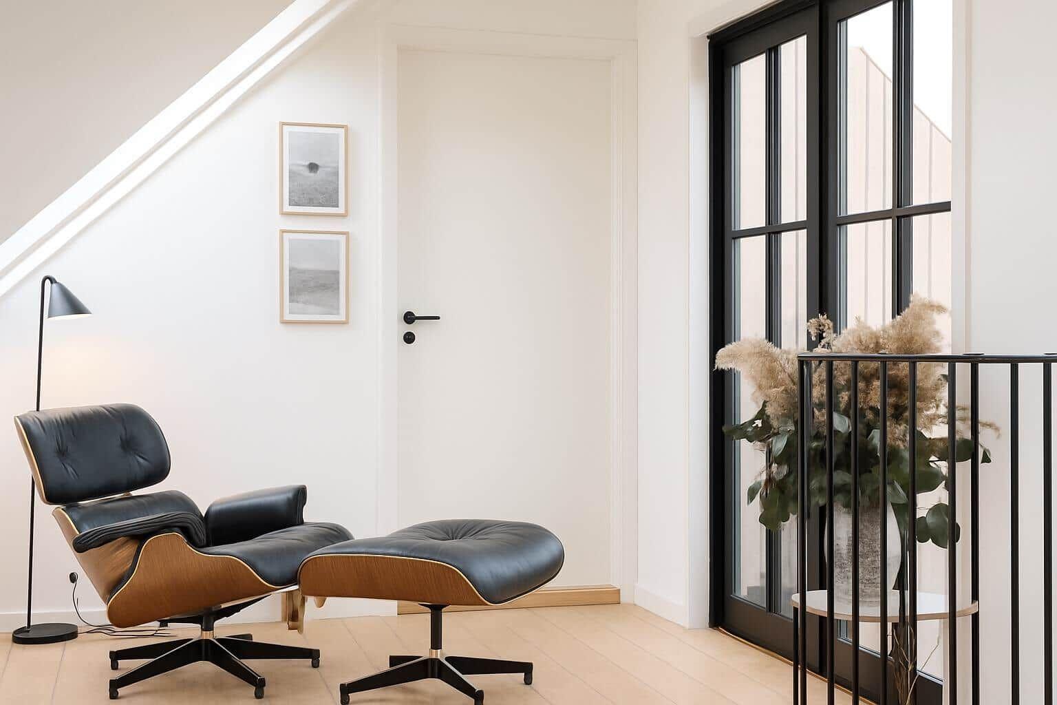 Schwarzer Ledersessel mit Holzrahmen und Fußhocker neben einer Glastür.