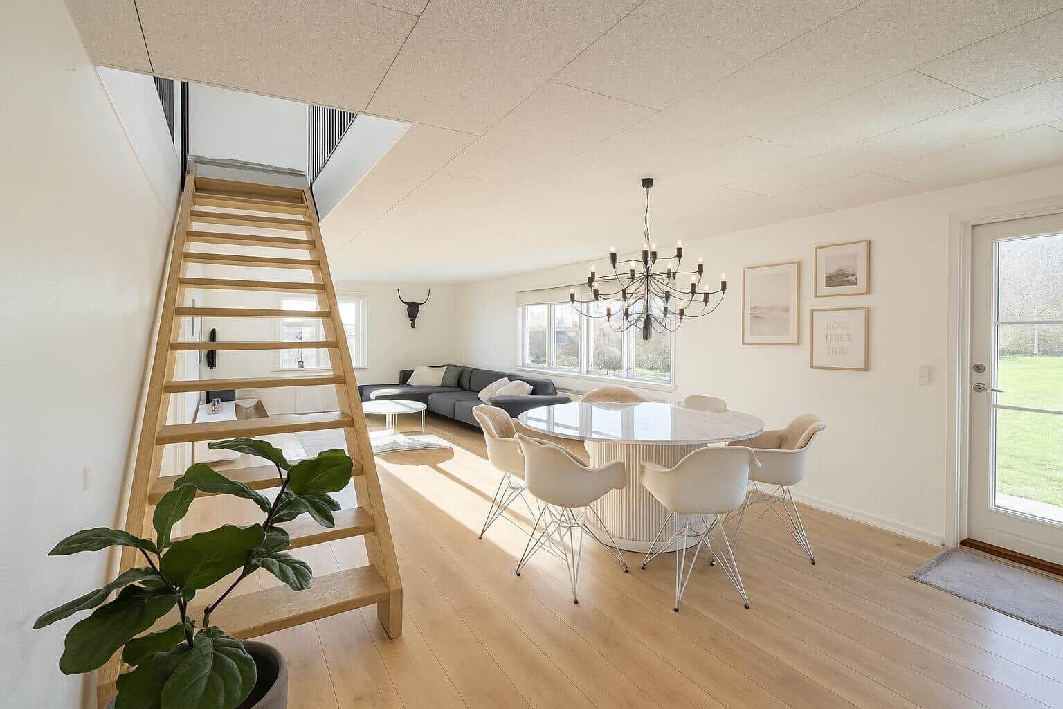 Haus mit Essbereich, Wohnbereich und Holztreppe zur oberen Etage.