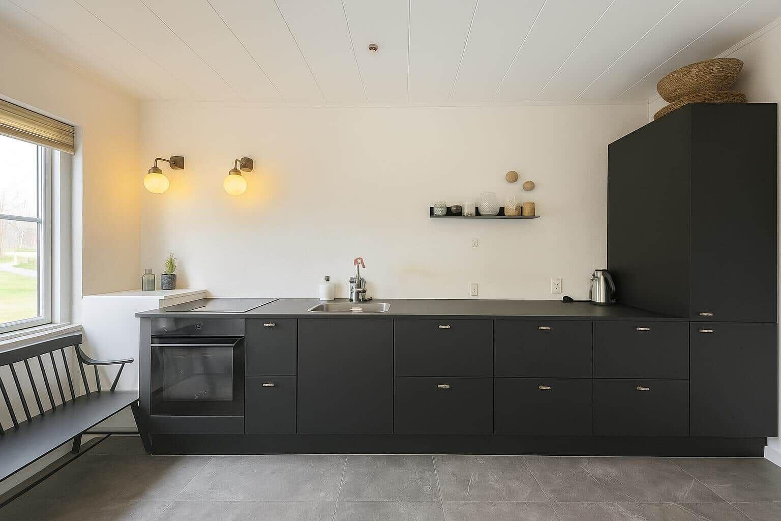 Küche mit schwarzen Schränken, Arbeitsplatte und Fenster mit Sitzbank.