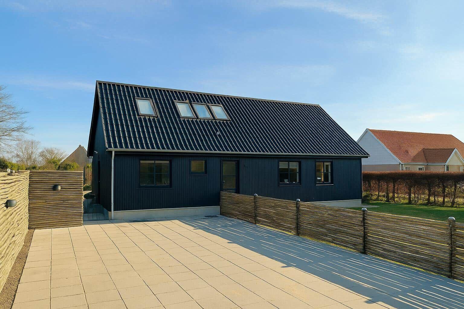 Modernes Haus mit dunklem Holz und Dachfenstern. Terrasse und Holzzaun im Vordergrund.