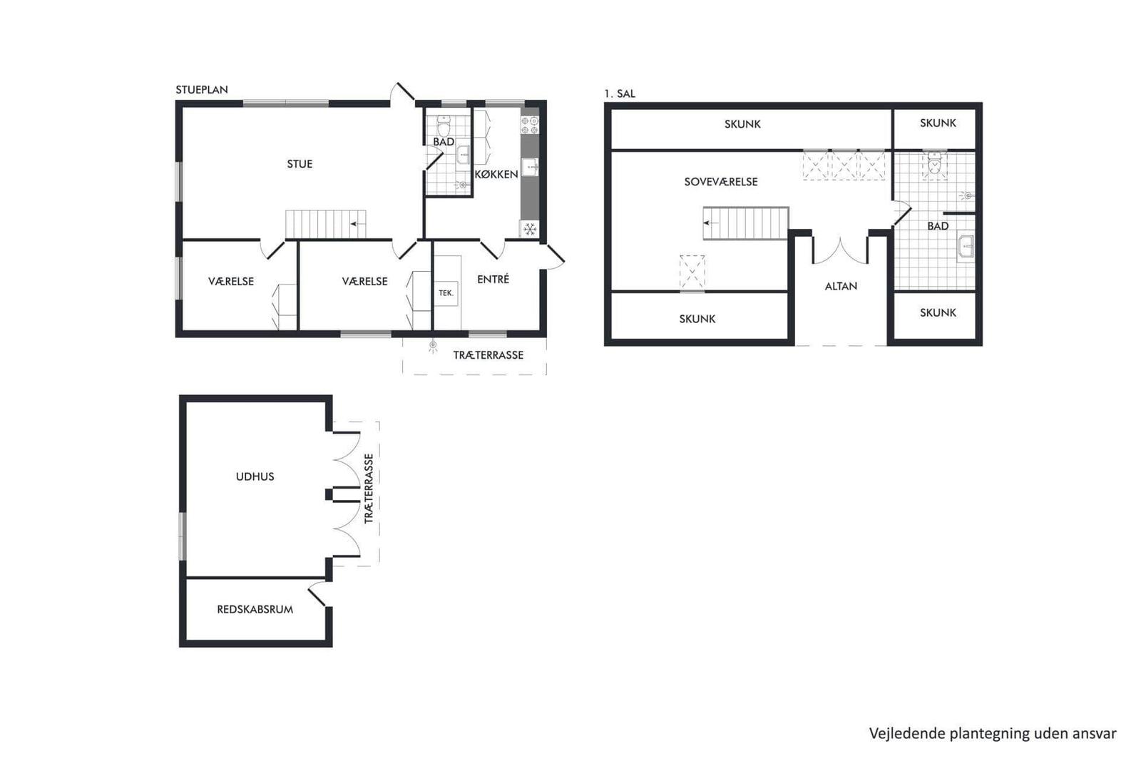 Einfamilienhaus mit zwei Etagen, Küche, Bad und Terrasse.