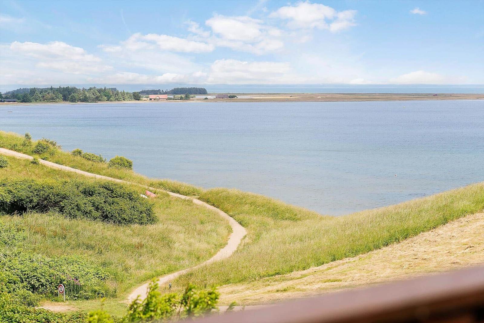 Weitläufiger Blick auf ruhiges Wasser und grüne Dünen mit Wanderweg.