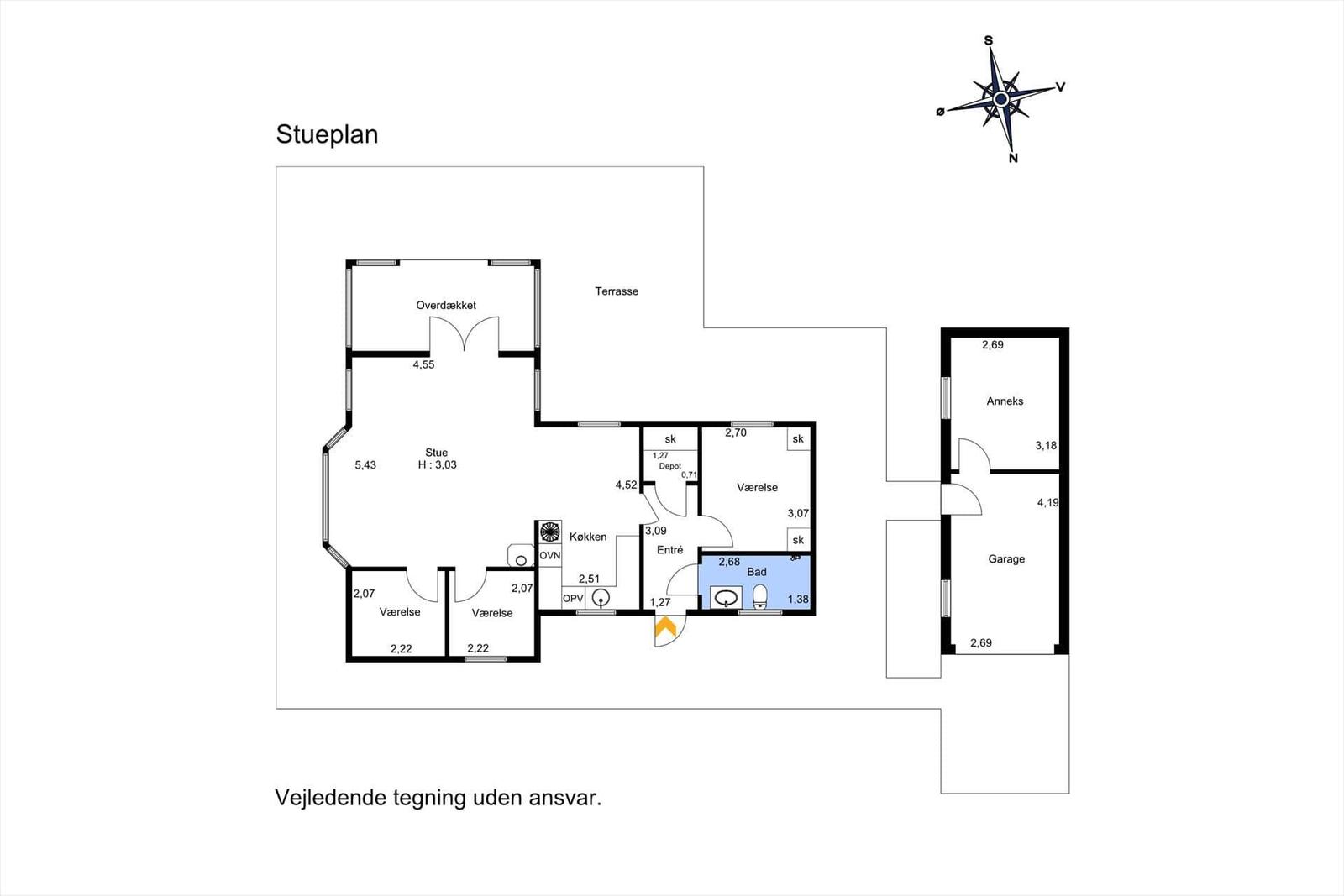 Funktionaler Grundriss mit Wohnzimmer, Küche, Schlafzimmer und Bad.