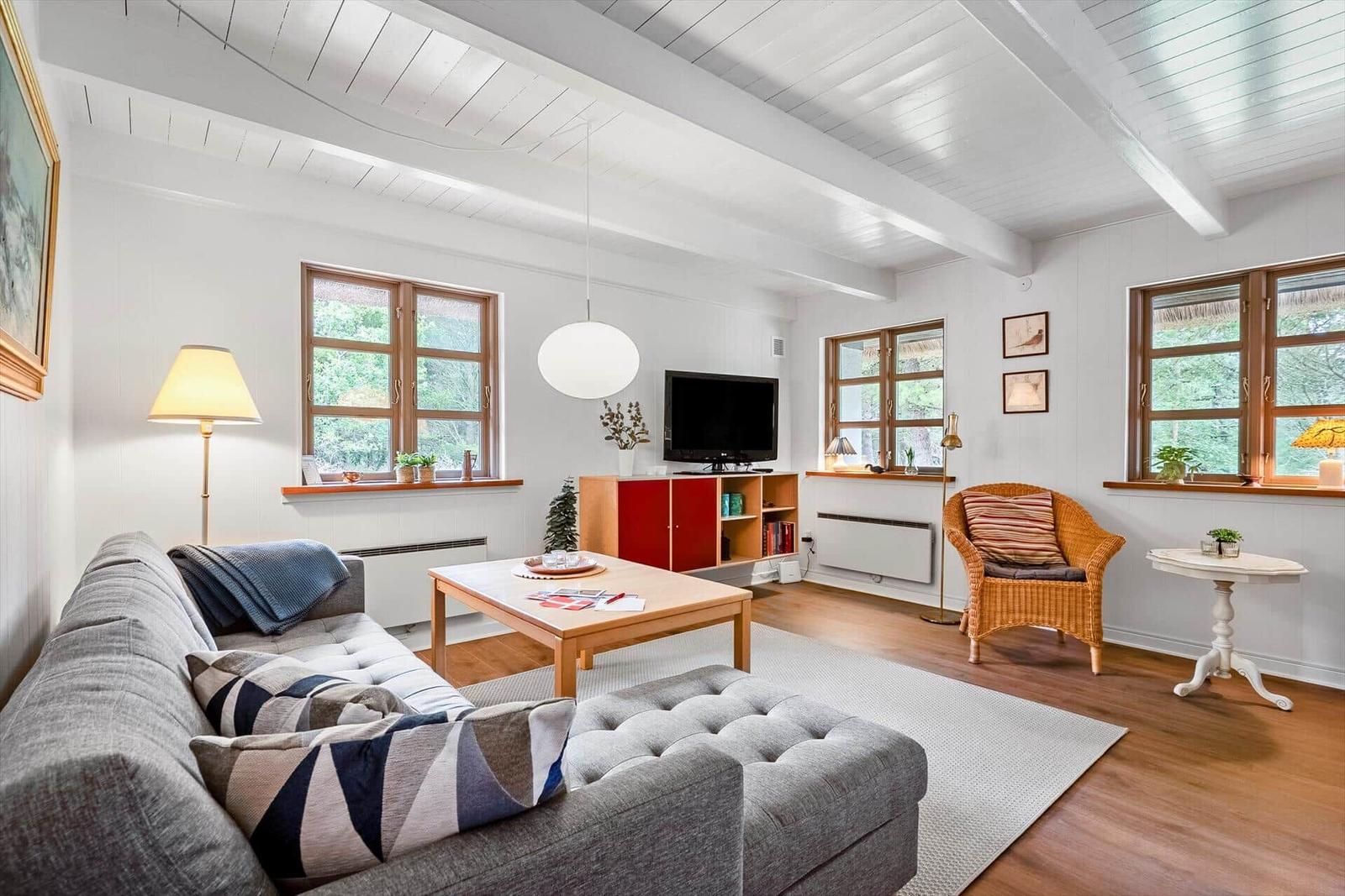 Wohnzimmer mit Sofa, Couchtisch und Fernseher. Holzdielen und große Fenster.