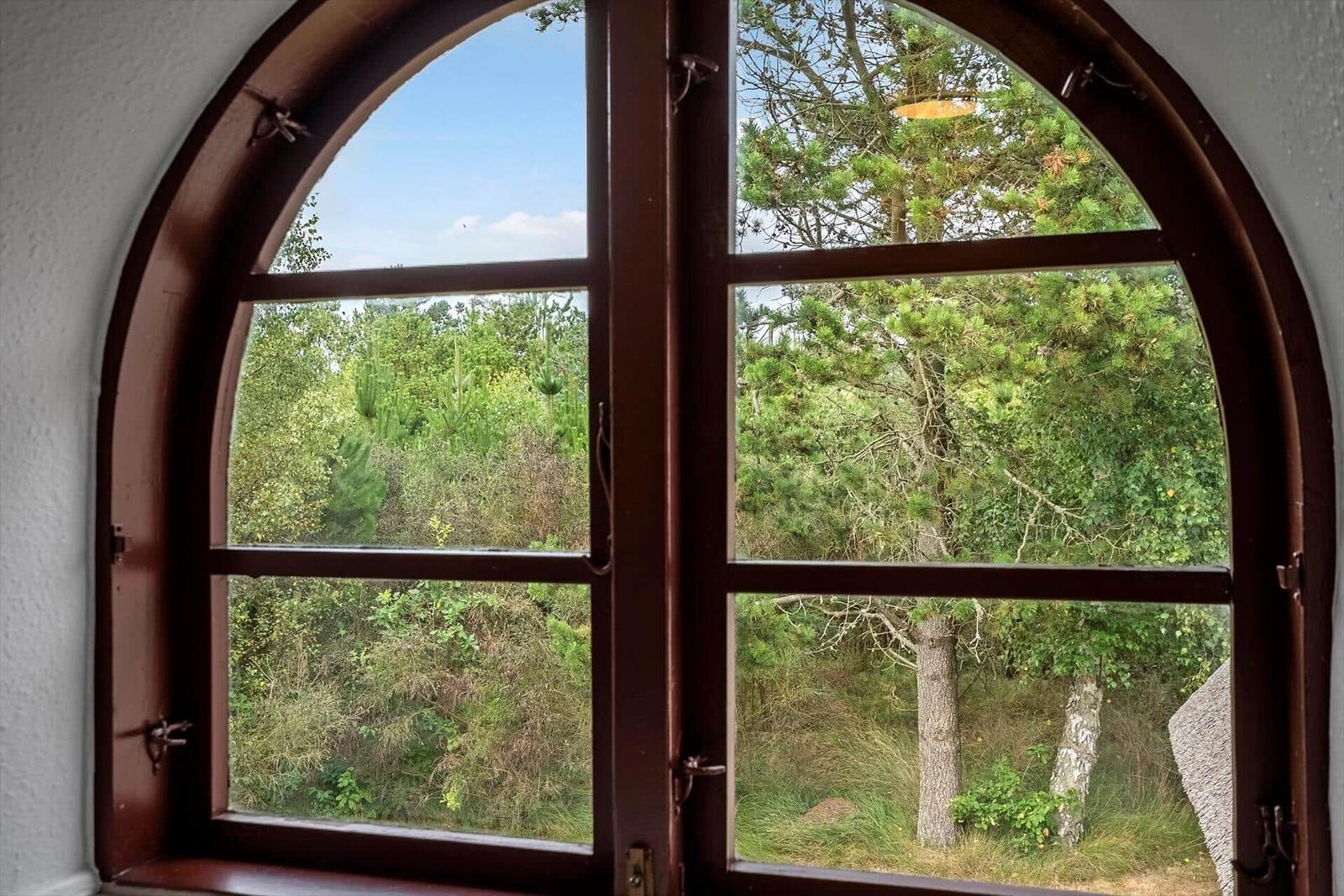 Durch das ovale Fenster blickt man auf einen grünen Wald mit Bäumen und Sträuchern.