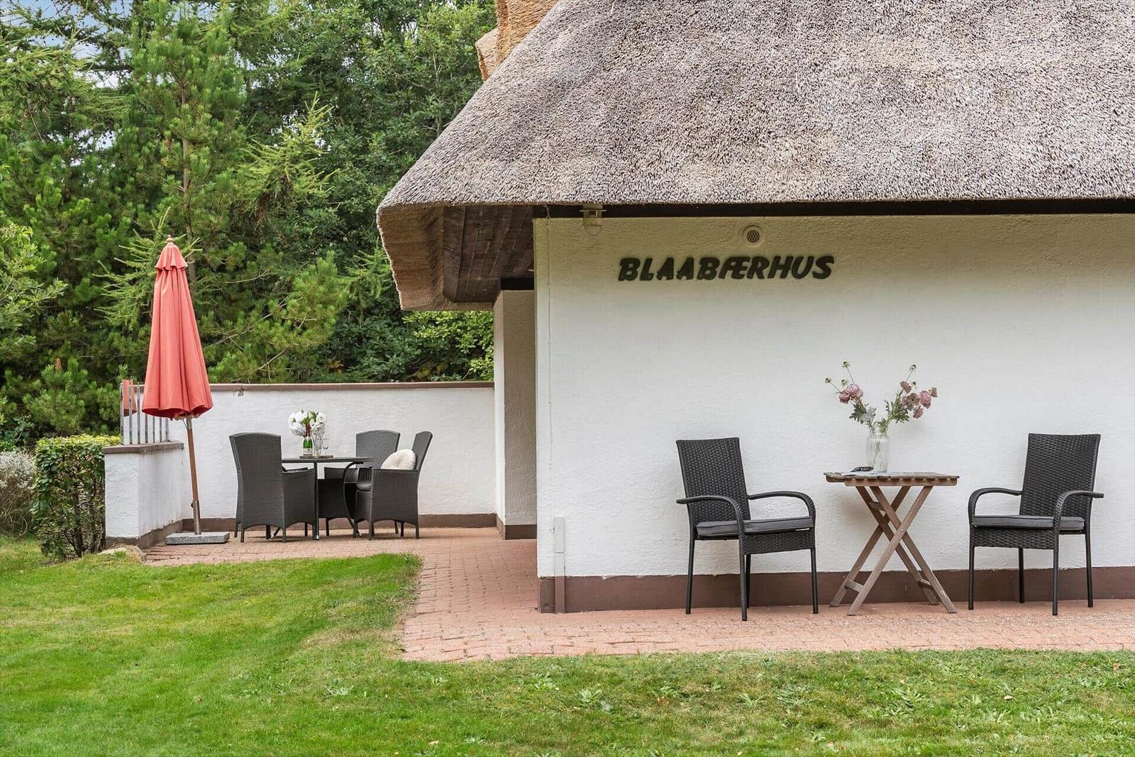 Außenbereich mit Tisch, Stühlen und Sonnenschirm vor einem Haus mit Strohdach.