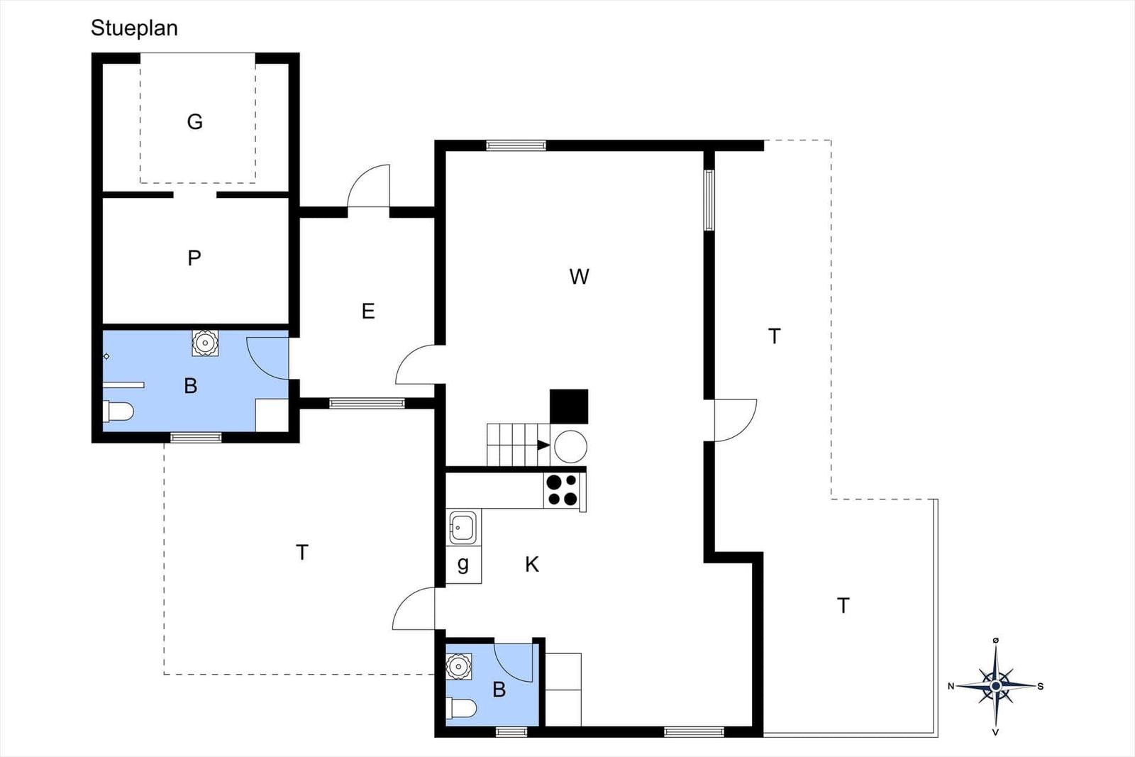 Stueplan zeigt Wohn- und Schlafzimmer, Küche, Bad und Toiletten.
