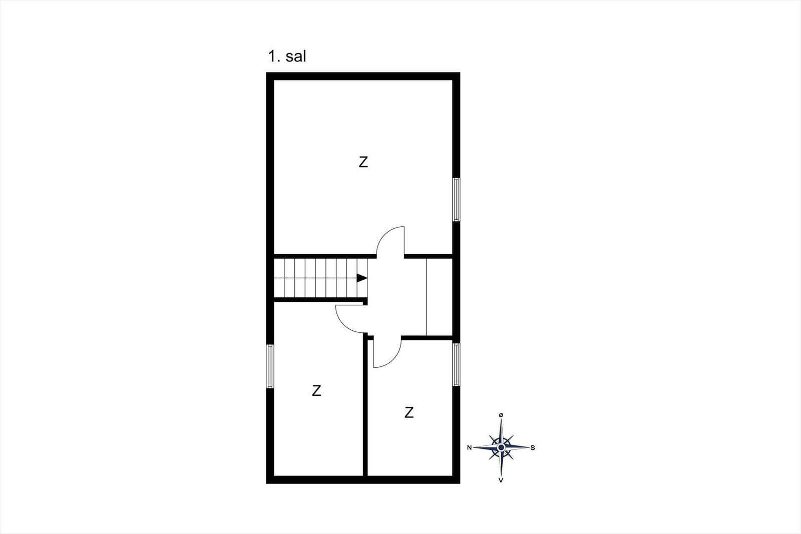Erdgeschossplan mit Wohnzimmer, zwei Schlafzimmern und Treppe zur oberen Etage.