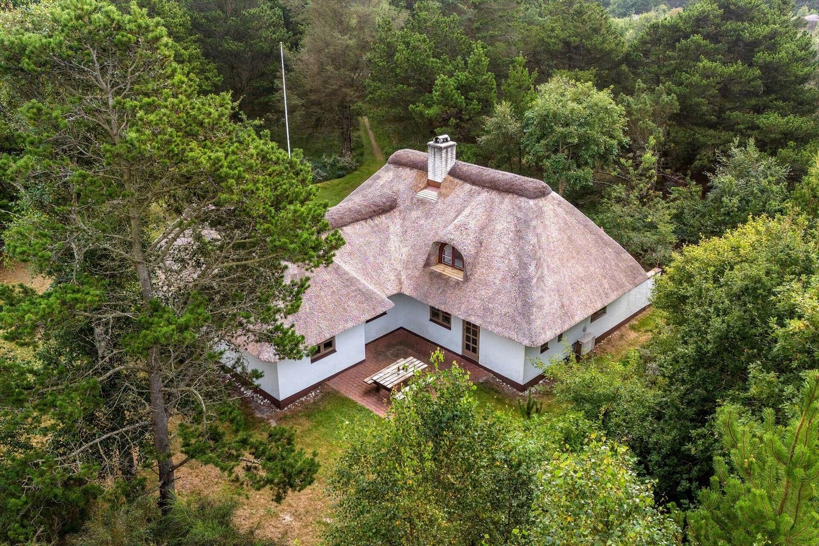 Haus mit Strohdach und Holzterrasse im Wald
