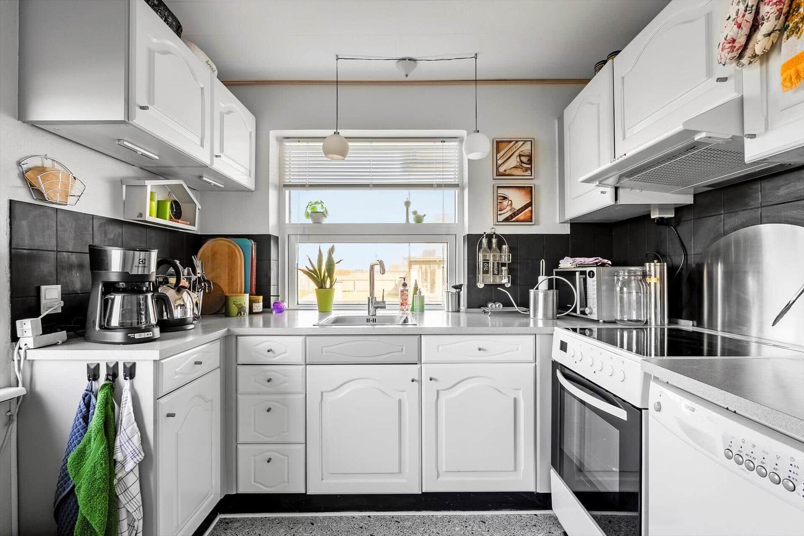 Küche mit weißen Schränken, Edelstahlgeräten und Fenster mit Blick.