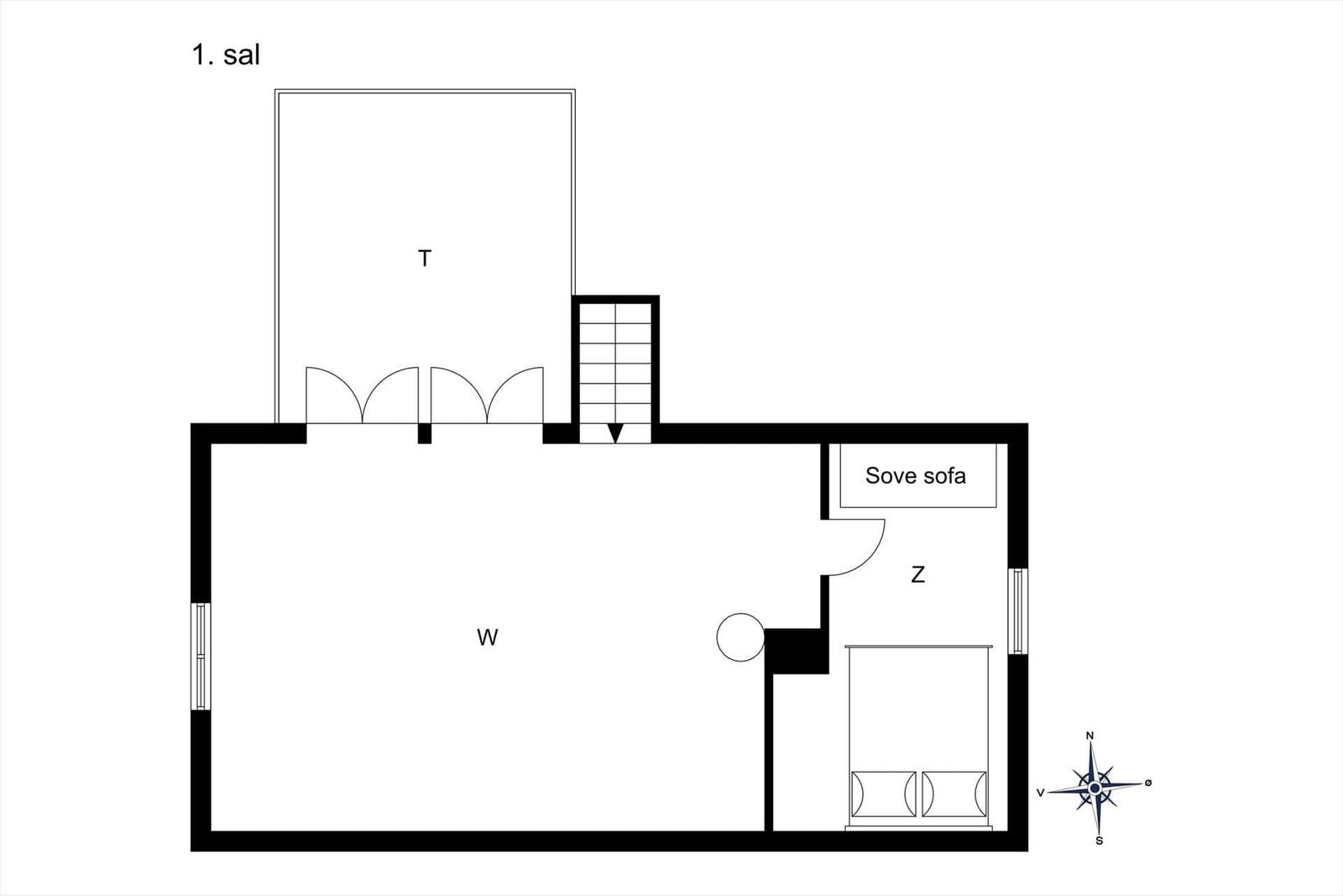 1. Stock: Wohnbereich mit Schlafsofa und Treppe.