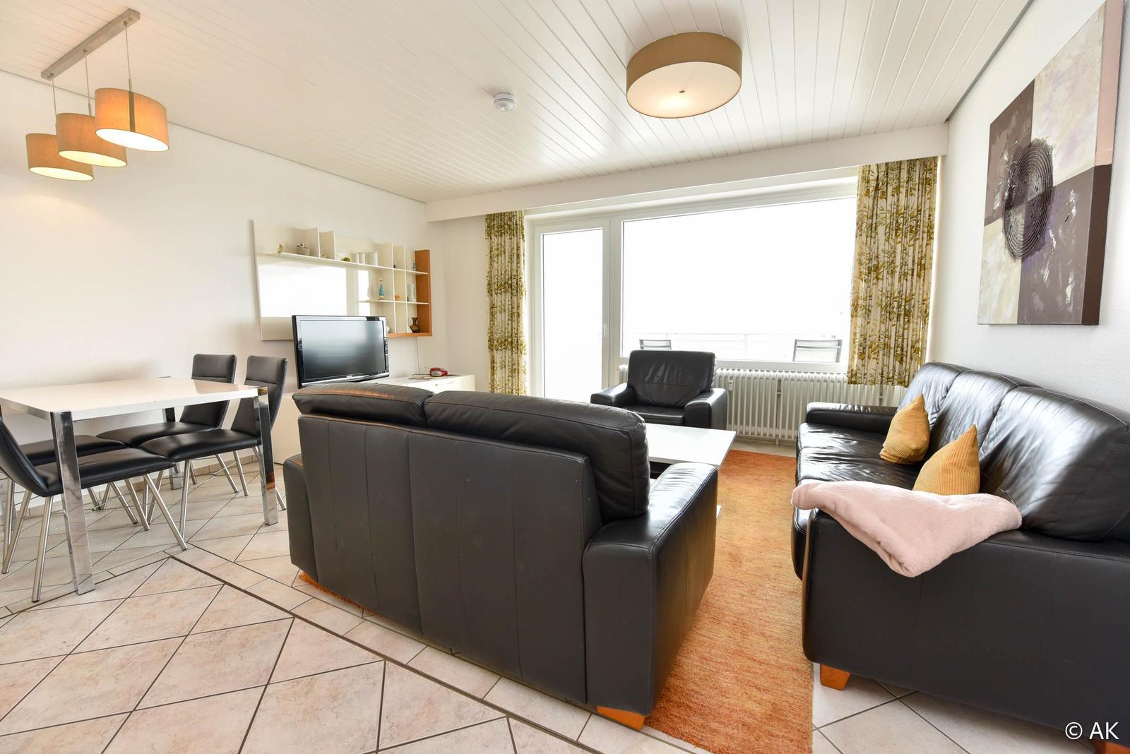 Wohn- und Essbereich mit Sofa, TV und Tisch