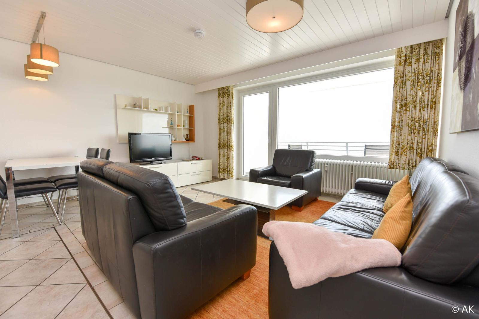 Wohn- und Essbereich mit Ledersofa, TV und Balkon.