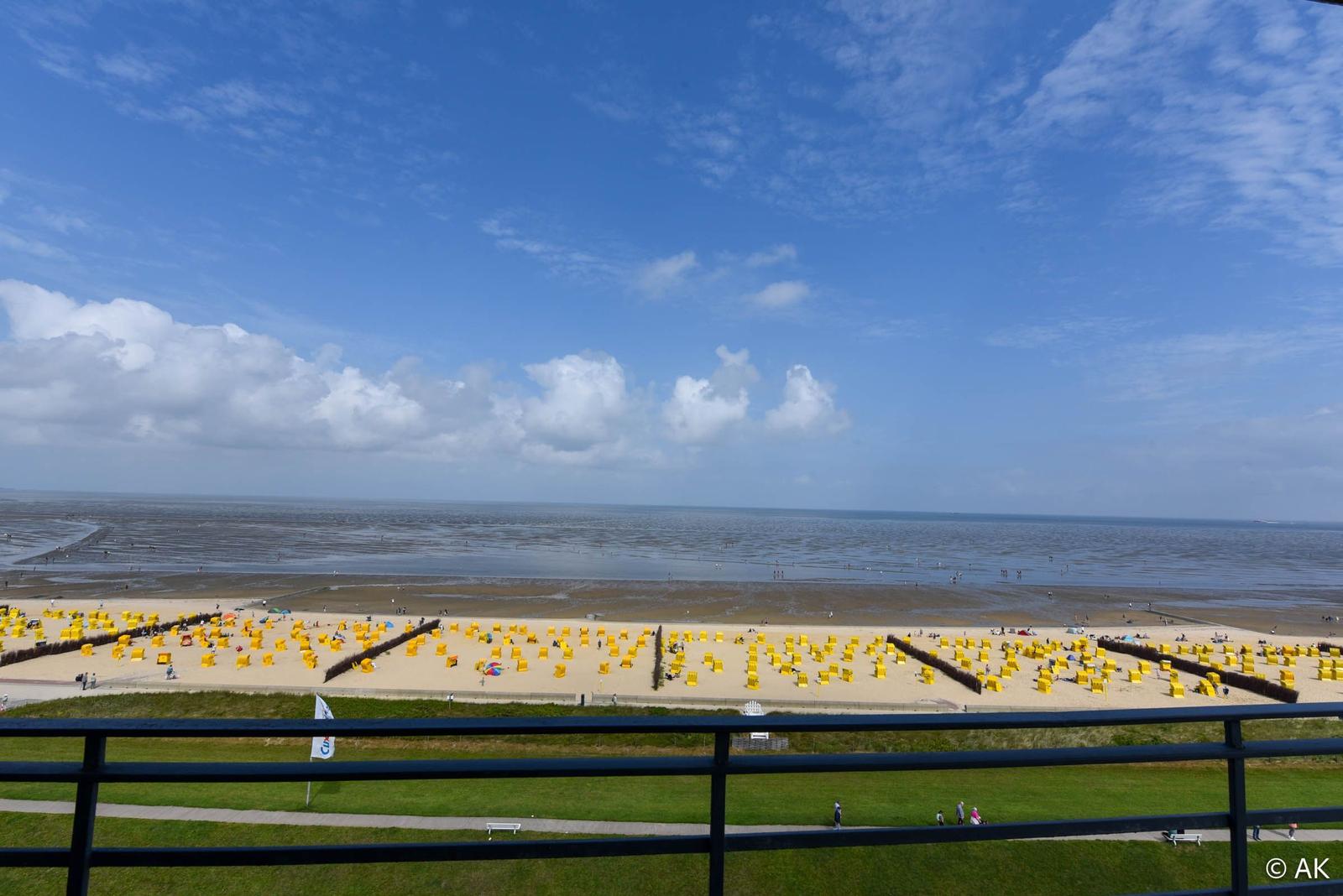 Blick auf einen Strand mit gelben Strandkörben und Meer unter blauem Himmel.