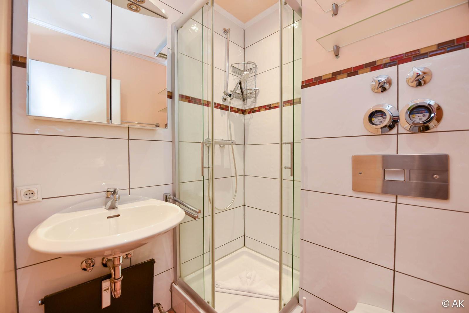 Badezimmer mit Dusche, Waschbecken und Spiegel