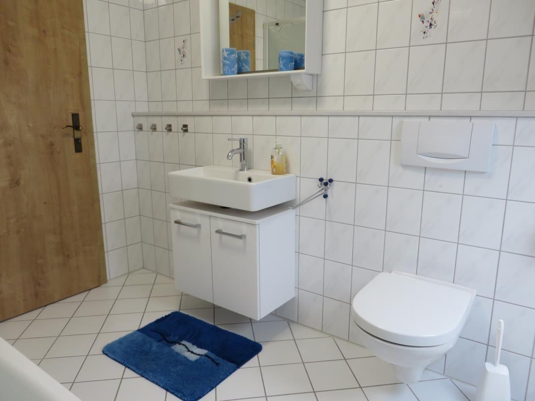 Badezimmer mit Waschbecken, Toilette und blauem Teppich