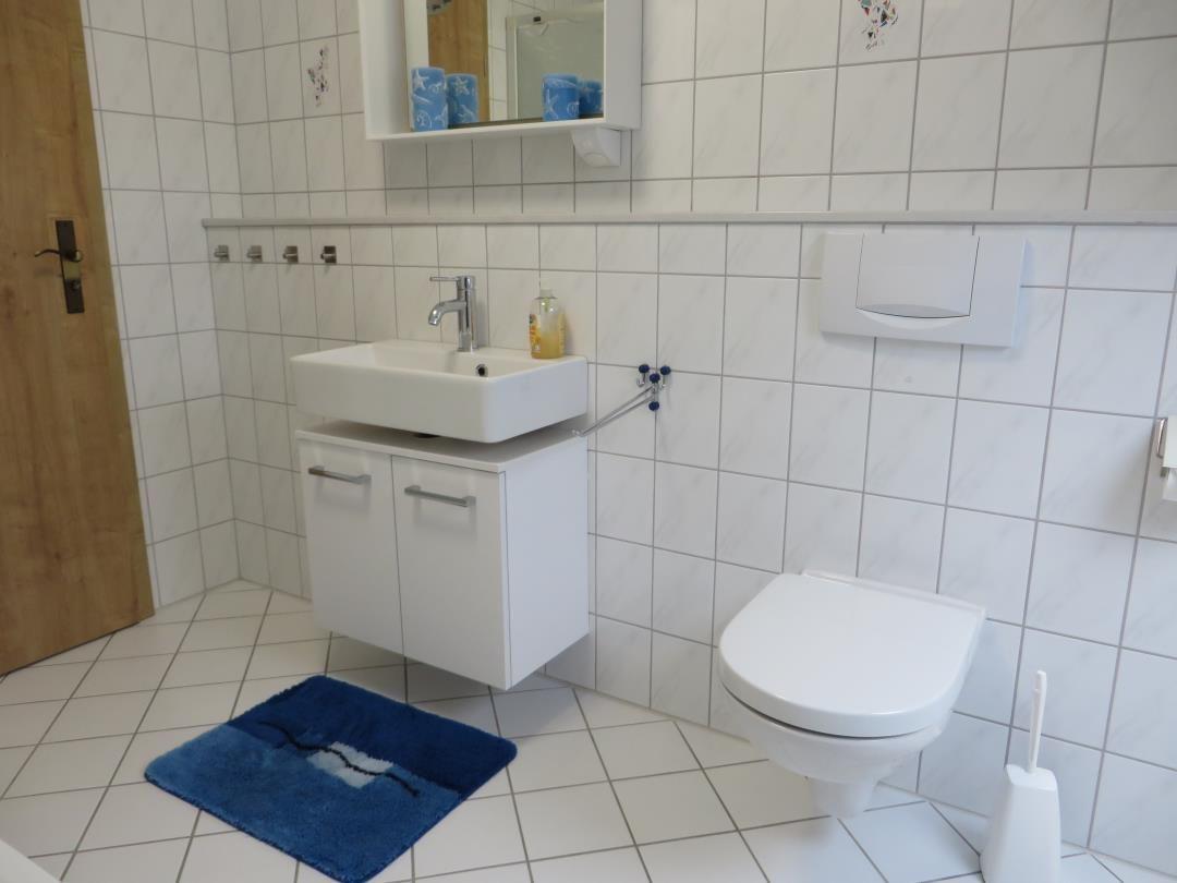 Badezimmer mit Waschbecken, Toilette und blauem Teppich.