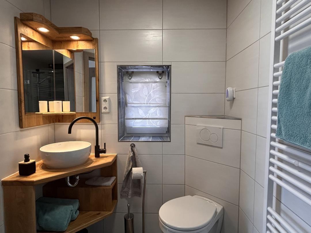 Badezimmer mit Waschtisch, Spiegel und Toilette