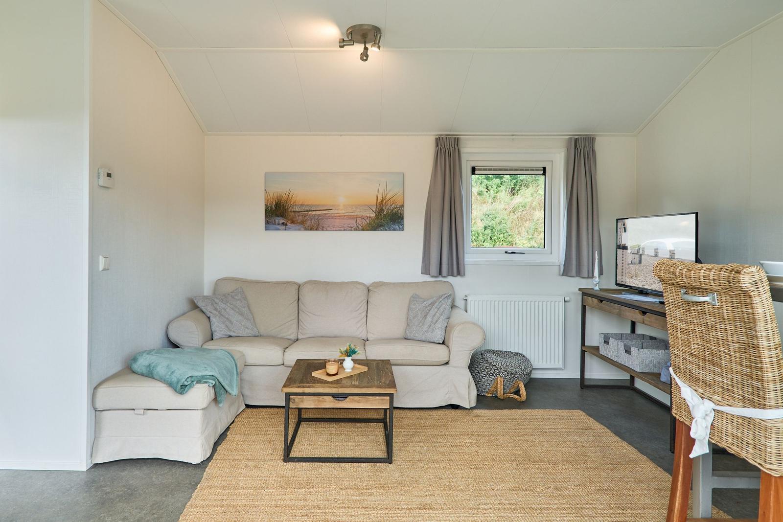 Wohnzimmer mit Sofa, Couchtisch und Fernseher. Fenster mit Blick auf Grünflächen.