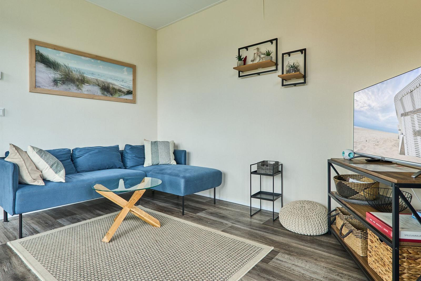 Blauer Sofa, Glas-Tisch, Wandbild und Fernseher im Wohnzimmer.