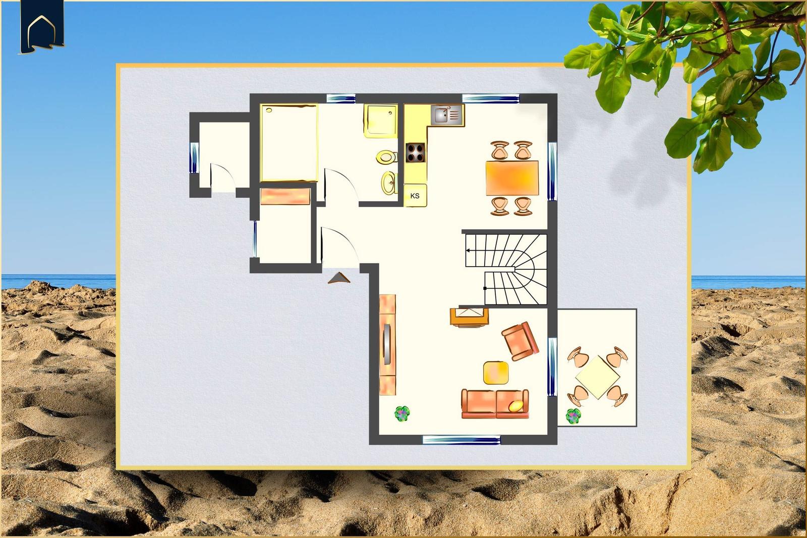 Erdgeschossplan mit Küche, Bad, Schlafzimmer und Wohnzimmer mit Couch und Tisch.