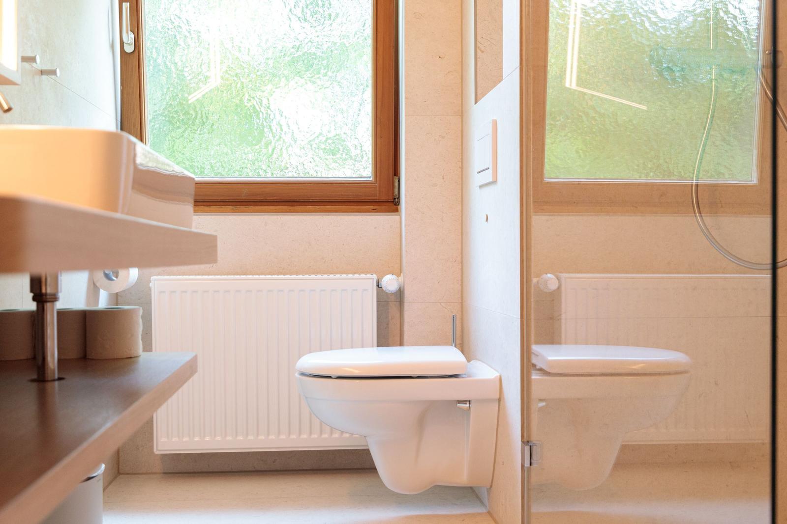 Badezimmer mit Toilette, Waschbecken und Dusche. Fenster mit grünem Blick.