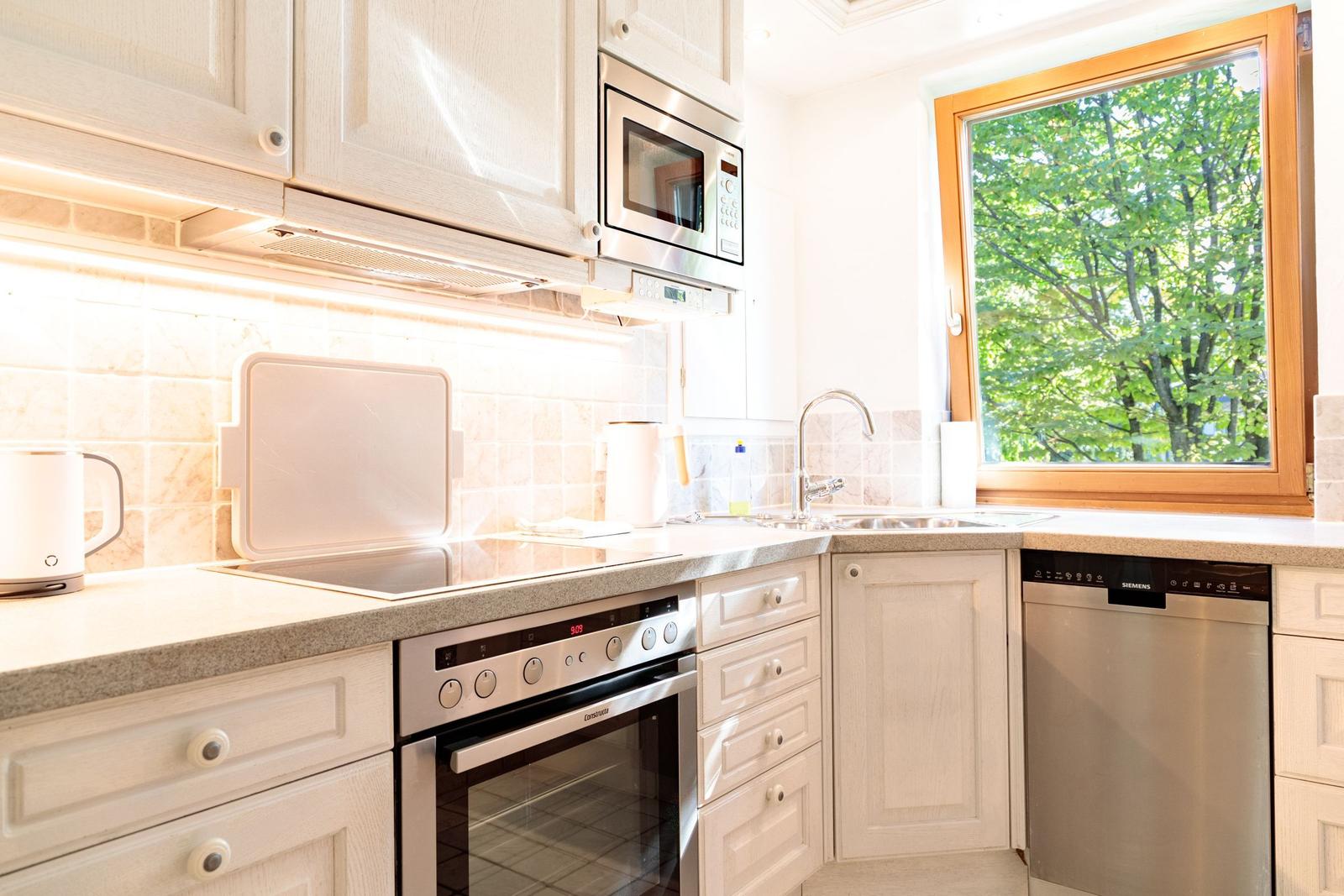 Küche mit Dunstabzug, Spüle, Herd und Fenster mit Blick auf Bäume.