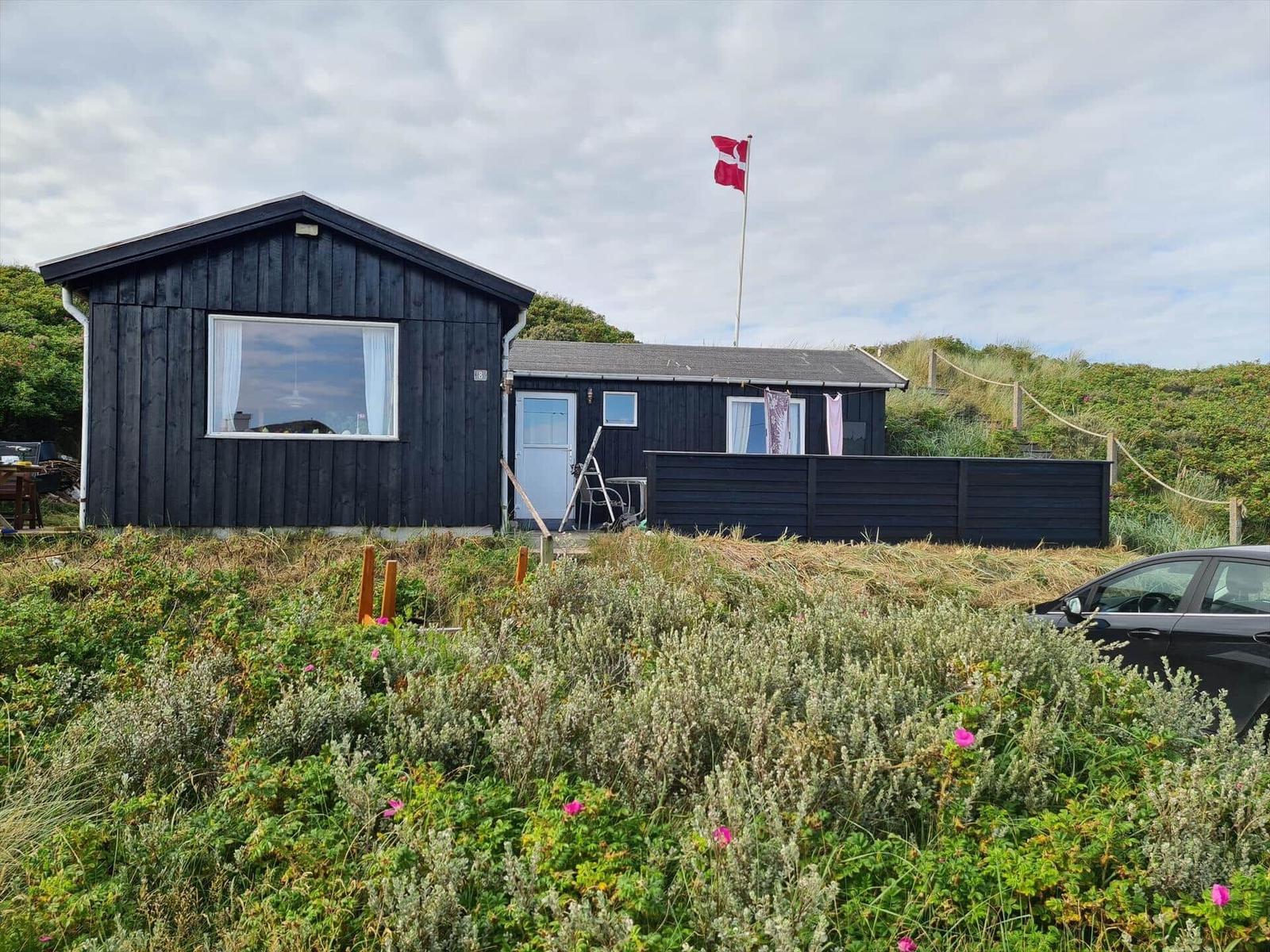 Black wooden house with flag, surrounded by grass and shrubs.