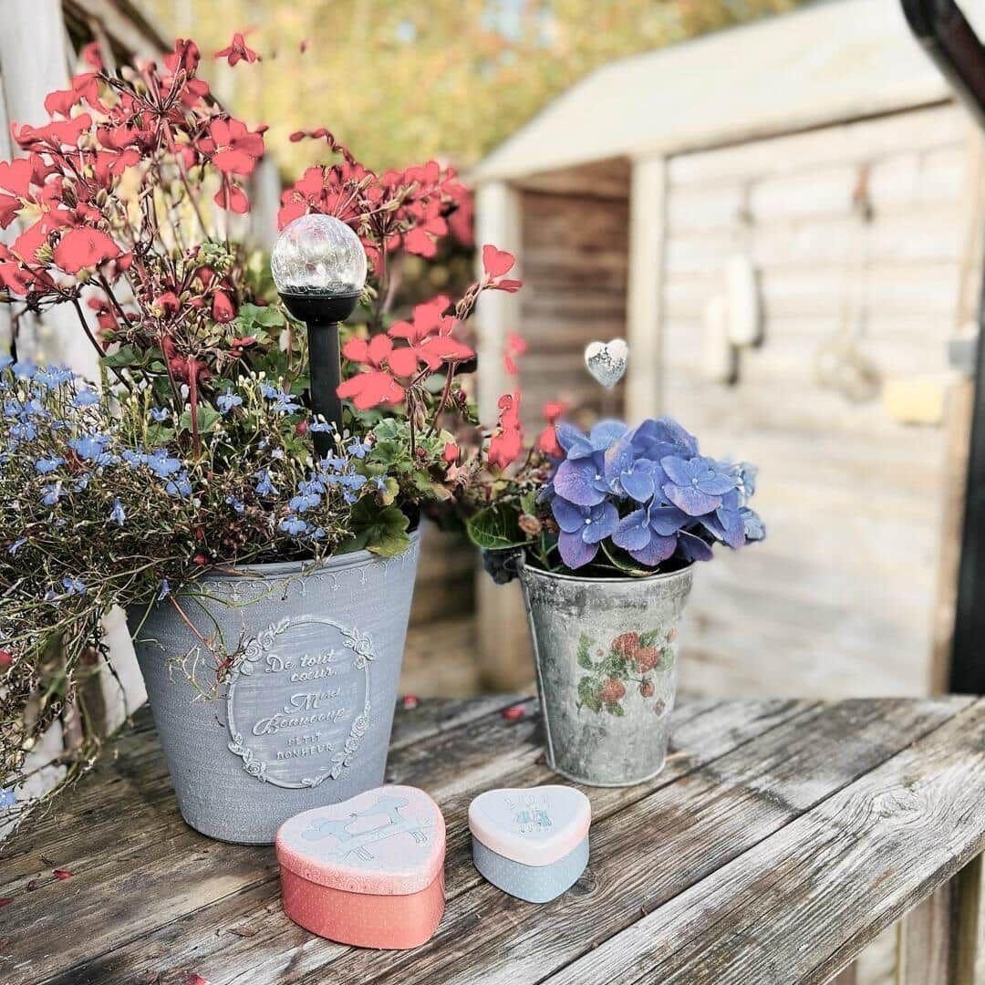 Holztisch mit Blumenkübeln und Herzschachteln im Freien.