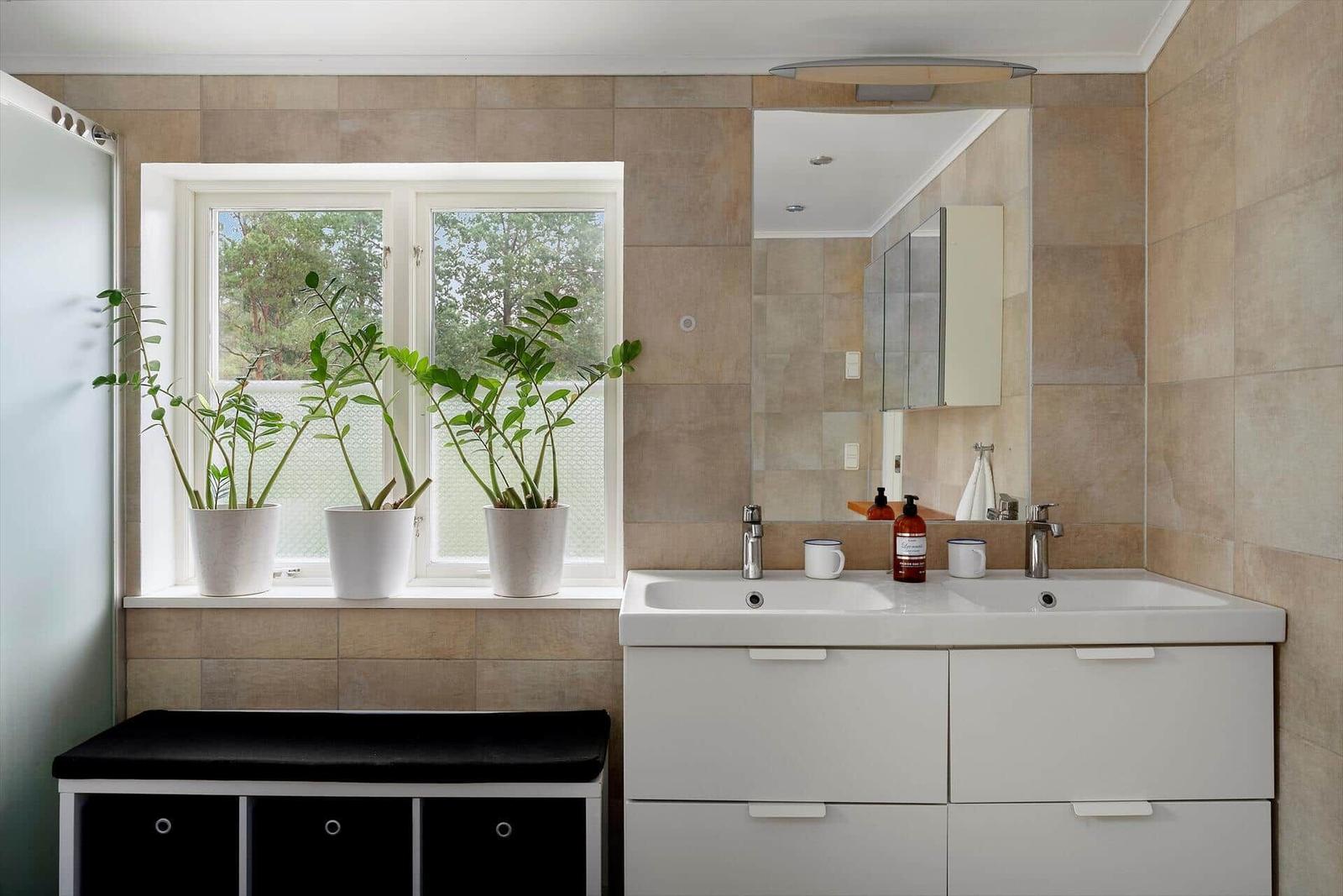 Badezimmer mit Waschtisch, Spiegel und Pflanzen am Fenster.